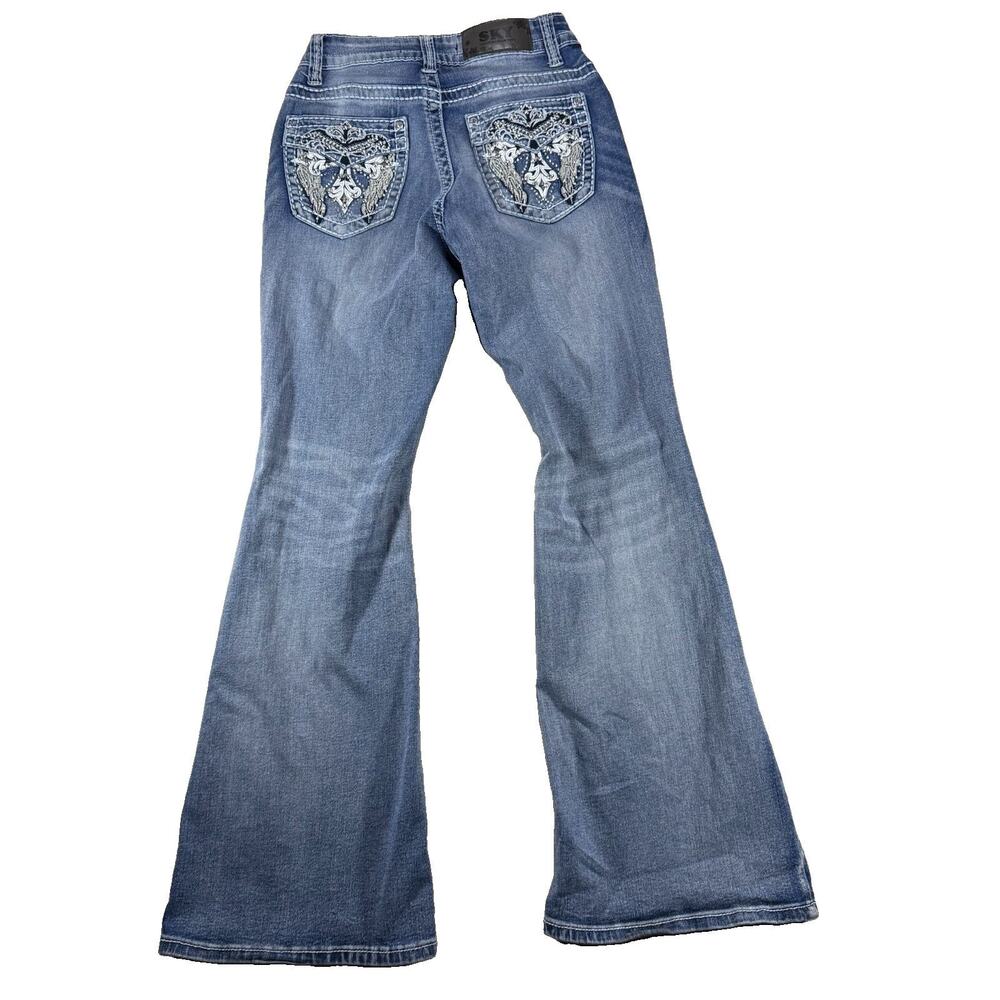 Y2K SKY Premium Western Rhinestone Embroidered Flare Jeans 3/4 Cross Angel Wings